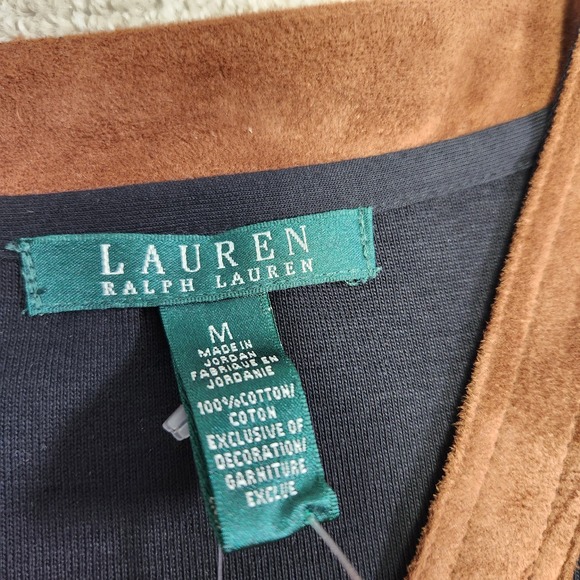 Ralph Lauren Shirt Womens Medium Black V-Neck Top Faux Suede Brown Trim NEW - Picture 6 of 8